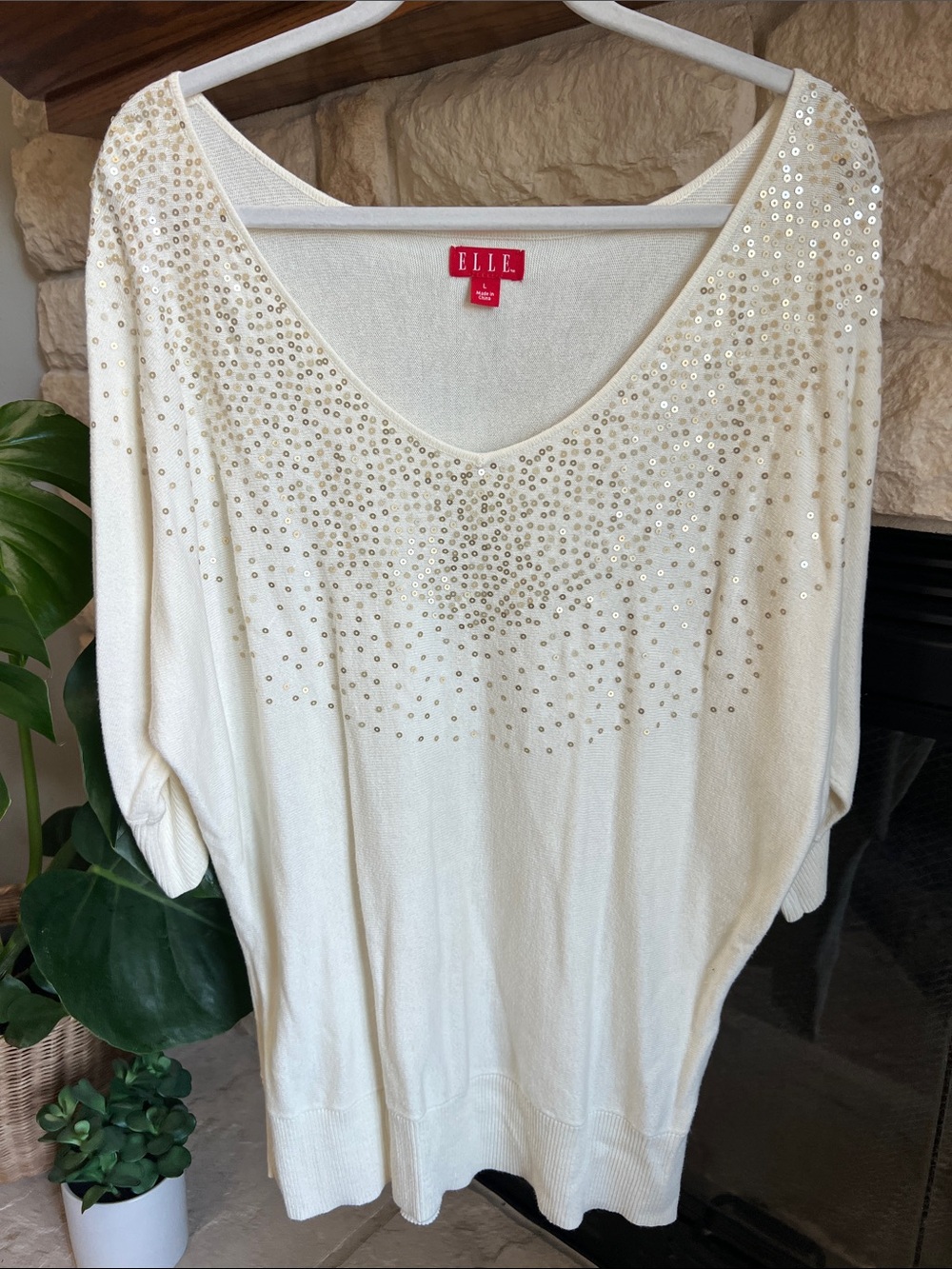 ELLE Cream V-Neck Sweater with Gold Sequin Detail